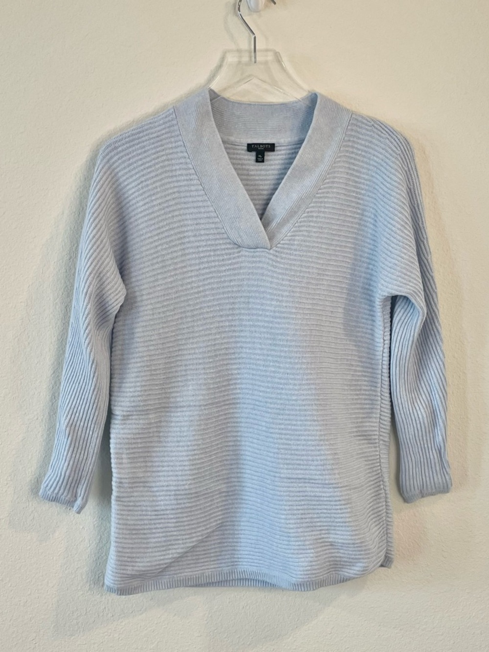 Talbots Light Blue V-Neck Ribbed Knit Sweater Petite